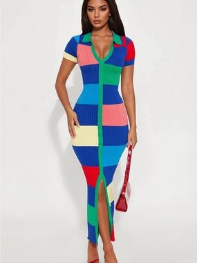 Multicolor Ribbed Zip-Front Colorblock Midi Dress NWT. LARGE
